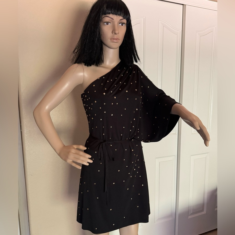 NWT Halston Heritage one shoulder gold Studded bejeweled dress Size 2